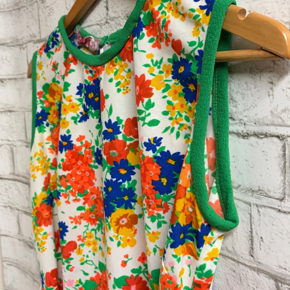 Vintage 70’s Sleeveless Floral Midi Dress with Green Trim - Picture 4 of 8